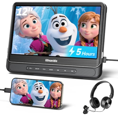 GOnavidio 12'' Car DVD Player for Kids with HDMI Input, Car Video Player with Headphones, Wall Charger, Support USB/TF Card, MP4/MKV, AV in & AV Out, HD Decoding, Region Free, Last Memory