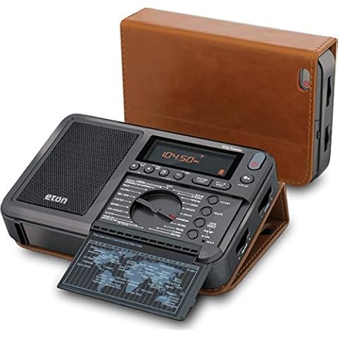 Eton Elite Traveler AM/FM, Longwave, Shortwave Radio with RDS, World Clock, 500 Stations, Dial Tuning, Alarm, Sleep Timer, Leather Case, Portable International Radio with High-Contrast LCD Cover