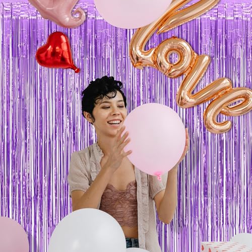 Image of 5 Pack Purple Foil Curtain Backdrop 3.2ft x 8.2ft Tinsel Foil Fringe Curtains Macaron Photo Booth Streamer Backdrop for Party Decorations Birthday Baby Shower Bachelorette Holiday (Light Purple)