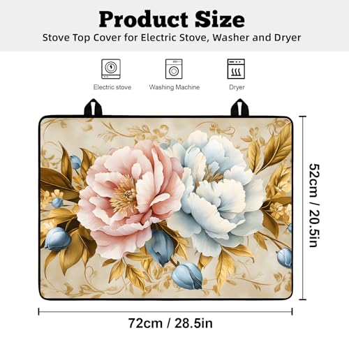 Image of Multi-Design Stove Top Cover for Glass /Electric Stoves - 3-in-1 Heat-Resistant Protector Mat, Non-Slip Drying Rack 28 inchx20 inch (Pink-White Peony, 28 inch L x 20 inch W)