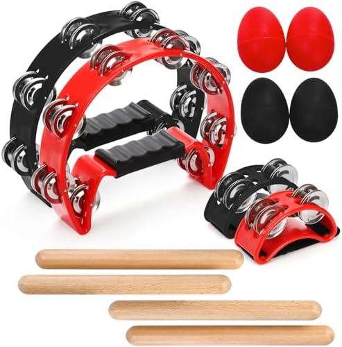 12 Pcs Tambourines for Adults, Hand Held Half Moon Tambourine with Foot Tambourine Wood Rhythm Sticks and Egg Shakers, Double Row Metal Jingles Hand Percussion Instrument Set for Party 12 Pcs Tambourines for Adults, Hand Held Half Moon Tambourine with Foot Tambourine Wood Rhythm Sticks and Egg Shakers, Double Row Metal Jingles Hand Percussion Instrument Set for Party