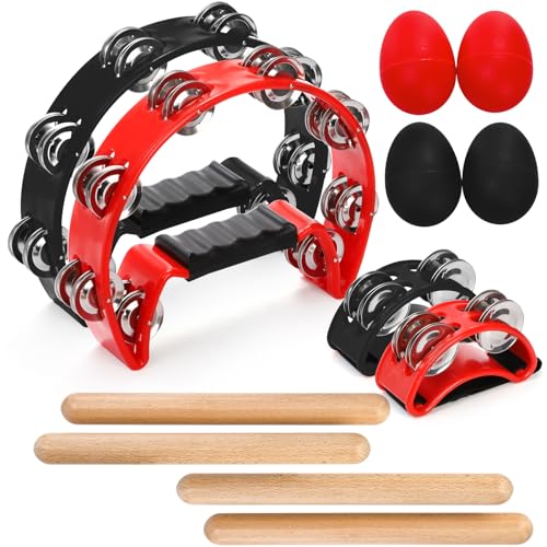 12 Pcs Tambourines for Adults, Hand Held Half Moon Tambourine with Foot Tambourine Wood Rhythm Sticks and Egg Shakers, Double Row Metal Jingles Hand Percussion Instrument Set for Party