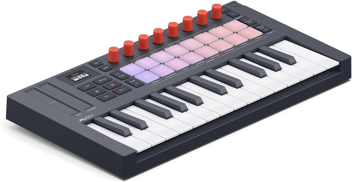 Novation FLkey 2 Mini 25 — 25-Mini-Key MIDI Controller Keyboard for FL Studio Beginners. Make Beats with USB, Pitch & Mod Strips, 16 Drum Pads, and Arpeggiator — Inc. 6 Months of FL Studio