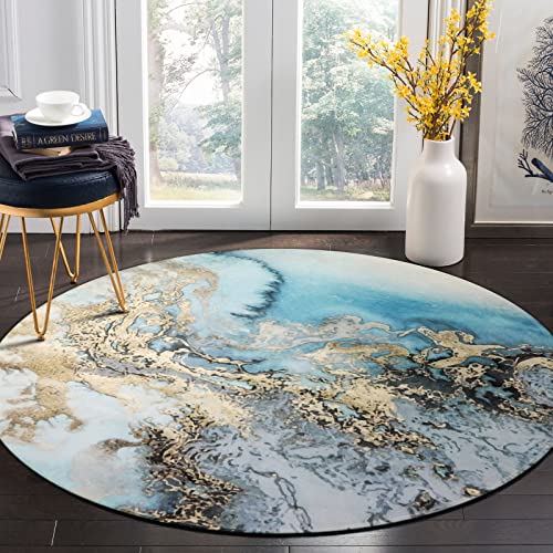 Image of Lahome Marble Round Rugs - 6Ft Washable Large Round Living Room Area Rug Non-Slip Throw Blue Dining Room Rug Soft Ultra-Thin Circle Bedroom Rug Indoor Round Carpet for Office Kitchen Entrance