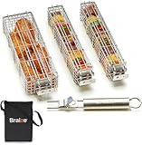 Braize Large Kabob Grilling Basket with Removable Handle. Stainless Steel construction with a Larger Capacity (12 x 2 x 2) and secure easy latch lid. (3-Piece Set – Bag Included)