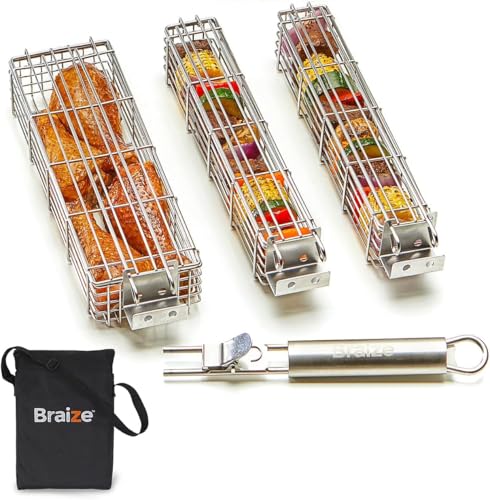 Braize Large Kabob Grilling Basket with Removable Handle. Stainless Steel construction with a Larger Capacity (12 x 2 x 2) and secure easy latch lid. (3-Piece Set Bag Included)