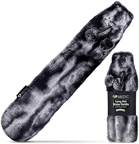 iMedic Extra Long Hot Water Bottle Covered with Luxury Cover Made from Super Soft Fleece or Comfy Knit - Long Hot Water Bottle with Cover UK - Large Hot Water Bottle - Faux Fur Dark Grey