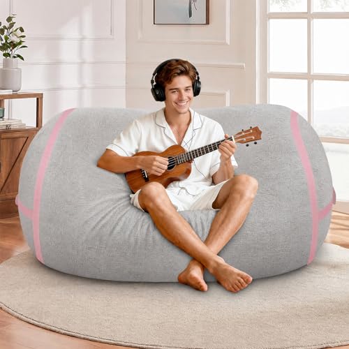 Image of 4FT Bean Bag Chair 4'Big Bean Bag Chairs with Adults, Large Beanbag Chair | Bean bag Lounger with Washable Cover Luxurious Velvet Fabric, Comfy Chairs for Living Room, Bedroom Dorm, Lightgrey with Pink