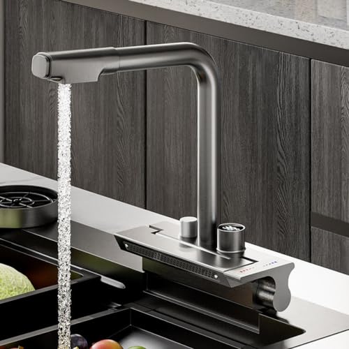 IsolaY Pull Out Kitchen Faucet Rain Faucet Single Hole Faucet Kitchen Digital Display Hot Cold Water Tap Kitchen Sink Tools,Gun Grey,1