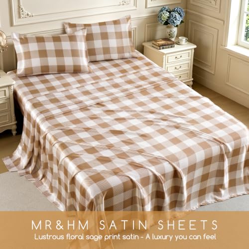 Image of MR&HM Satin Bed Sheets with Elastic Corner Straps, Queen Size Sheets Set, 4 Pcs Silky Bedding Set with 15 Inches Deep Pocket for Mattress (Queen, Latte Check)