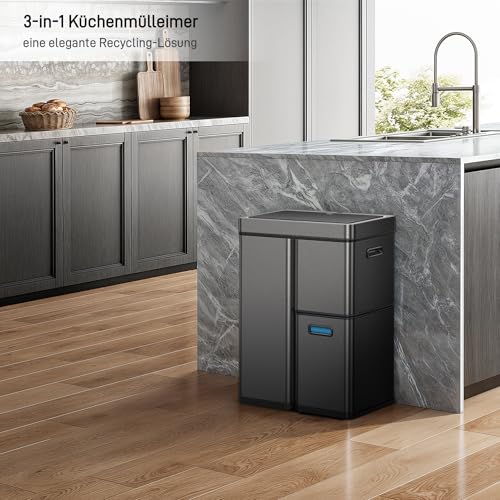 Image of EKO Mirage Plus 3-Compartment Recycling System, 2 x 15 Litre and 30 Litre, Recycling Bin with Sensor, 3 Inner Plastic Buckets, Automatic Bin with Lid, Large Bin