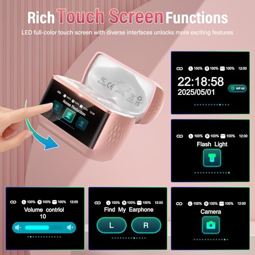 Image of Wireless Earbuds with Touch Screen, Bluetooth 5.4 Headphones, ANC /ENC Noise Cancelling, 48H HiFi Stereo Bluetooth Ear Buds with 5 EQ Modes, Transparency Mode, IPX7 Earphones, Rosa