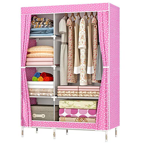 ZZBIQS Clothing Closet Wardrobe, Portable Non-Woven Fabric Garment Clothes Wardrobe Storage Organizer Shelf Rack, DIY Armoire Storage with Hanging Rod(Pink, Dots)