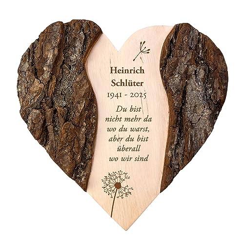 Casa Vivente Holzherz mit Gravur zur Trauer, Personalisierte Gedenktafel für Verstorbenen mit Namen und Datum, Deko Andenken, Herz Grabschmuck, Trauergeschenke, Holz Herz Erinnerung