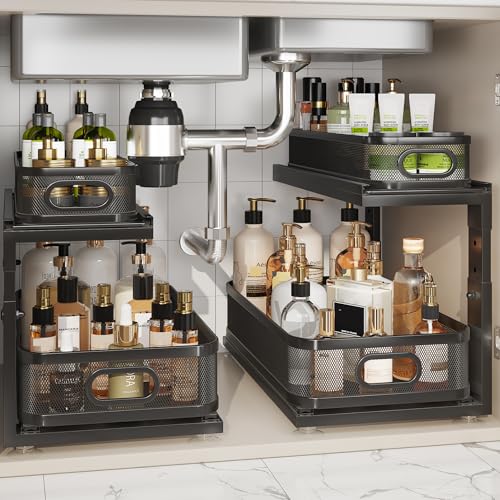 Image of 2 Pack 18.5IN-Depth Under Sink Organizer With Next-Gen Ball-Bearing Slides,2-Tier Precision Mesh Pull Out Cabinet Storage for Bathroom&Kitchen,Height Adjustable Drawers Shelf,Anti-rust-Black