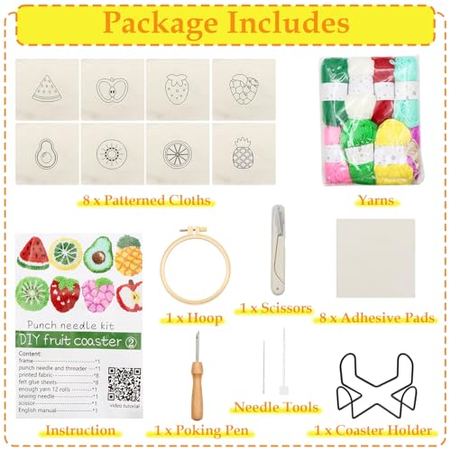 Image of Soleeya Punch Needle Kits Adults Beginner 8 Pcs Punch Needle Coaster Kit Fruit Patterns Stitching Punch Embroidery Including Yarn Hoop Needle and Video Tutorials, Rug Tufting Coaster DIY Craft Gifts