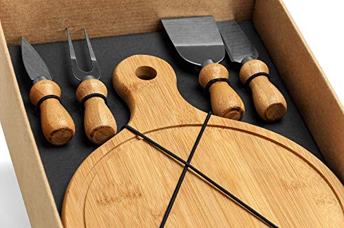 Conjunto Kit Para Queijo 5 Peças Tábua Bambu Espátula Inox