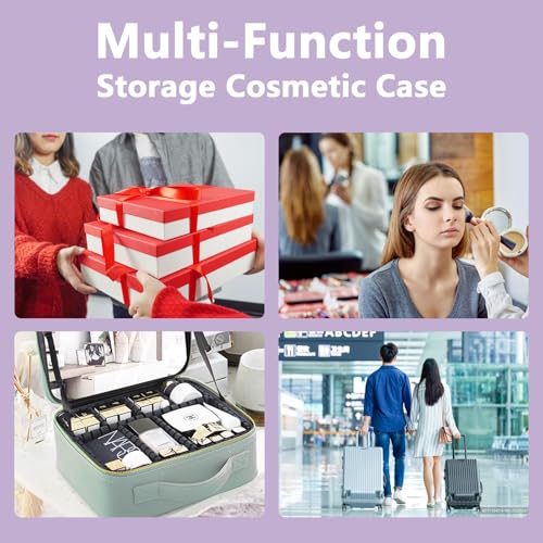 Image of Makeup Bag with Mirror,with Mirror 3 Color Setting and Detachable 10x Magnifying Mirror Large Vanity Makeup Cases,Portable Storage and Adjustable Dividers, for Women and Makeup Artists-Purple