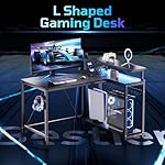 Bestier Gaming Desk with Power Outlets, 42" L-Shaped Gaming Desk with LED Lights, Desk with Reversible Storage Shelves & Hooks for Small Spaces, Bedrooms & Offices, Black Carbon Fiber - Image 4