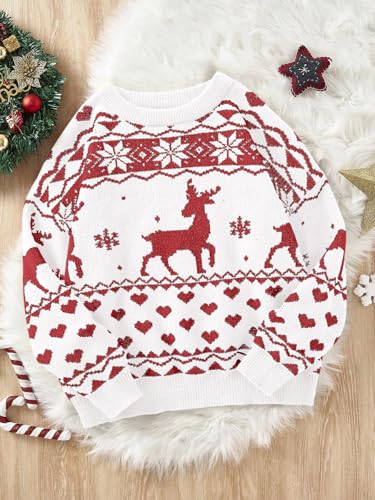 Image of Girls Christmas Pullover Sweaters Reindeer Elk Snow Long Sleeve Crew Neck Chunky Tops