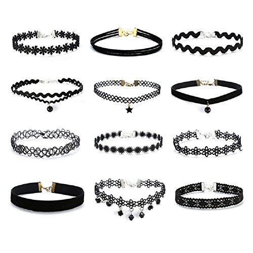 JackieTD 12 PCS Black Velvet Choker Necklace Set, Tattoo Lace Choker Set Classic Gothic Tattoo Ribbon Velvet Chokers Set for Teen Girls Women