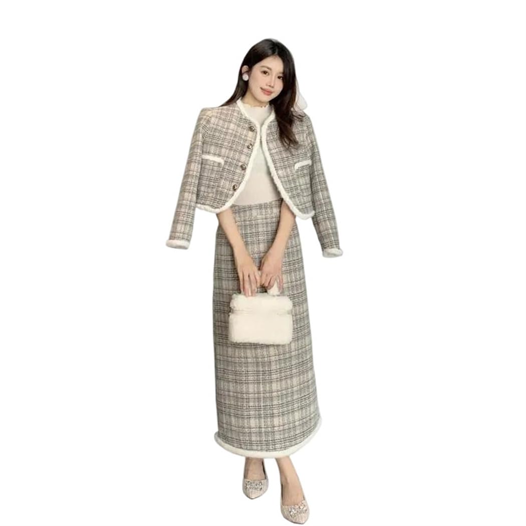 Womens Red Coarse Woolen Suit Set with Checkered Skirt Autumn Winter Fashion