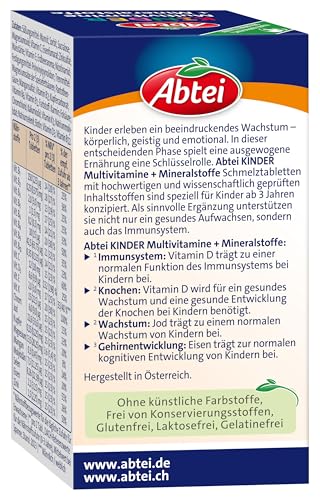 Abtei Kinder Multivitamine + Mineralstoffe - Für ein gesundes Aufwachsen* von Kindern - Ab 3 Jahren - Mit 21 wichtigen Nährstoffen - Glutenfrei, Laktosefrei, Gelatinefrei - 75 Schmelztabletten