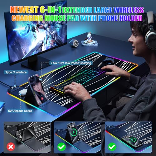 Image of Mouse Pad with Phone Holder, Wireless Charging Desk Mat, RGB Gaming Mousepad Home Office Large Desk Pad with Ultra-Smooth Surface, Non-Slip Base, Waterproof Keyboard Pad,Wavy Black