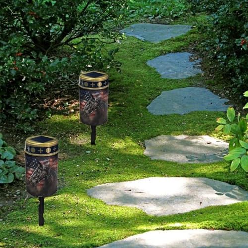Image of American Flag Horse LED Solar Lights for Patriotic Landscape Waterproof Solar Light 4th of July Solar Power Light Flameless Candle for Cemetery Grave Memorial Decor 2 Pcs