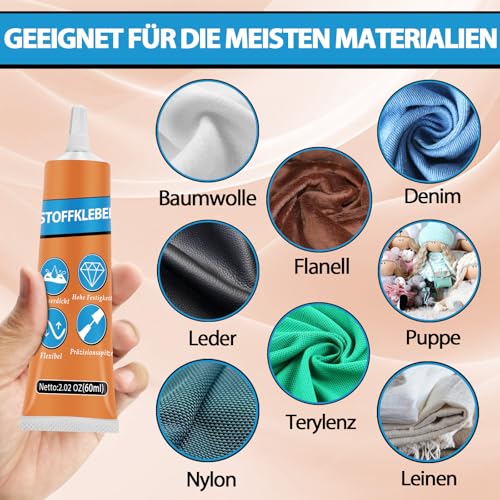 Nayrmaer Stoffkleber, 60ml Textilkleber, Waschmaschinenfest Stoff Kleber für Textil, Baumwolle, Leder, Jeans und mehr