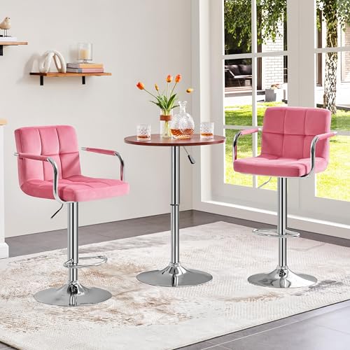 Image of Yaheetech Bar Stools Set of 2, Swivel with Backs, Adjustable Height, Pink