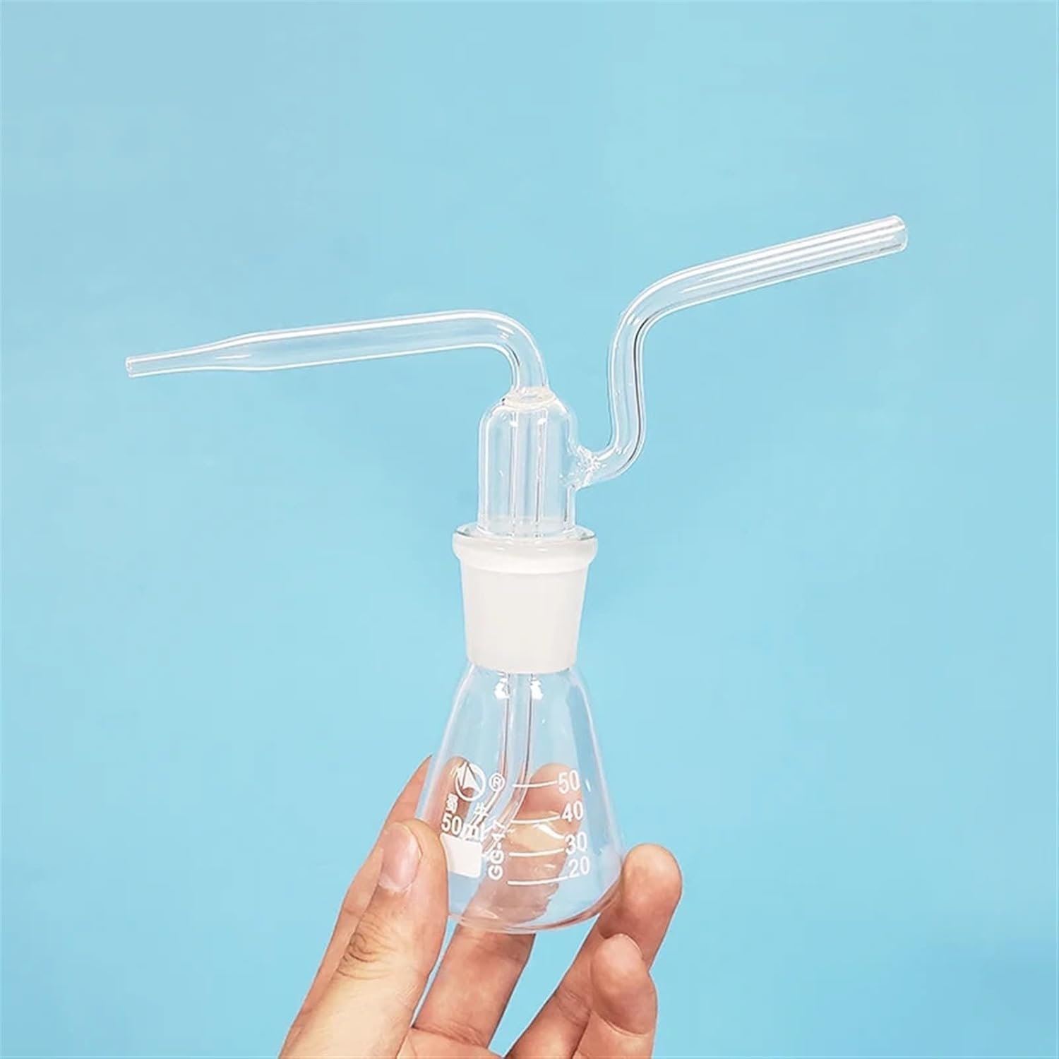 Triangle gas washing bottle,Capacity 50ml,Conical Ground mouth flat flush flask,Gas wash with tick ​​mark