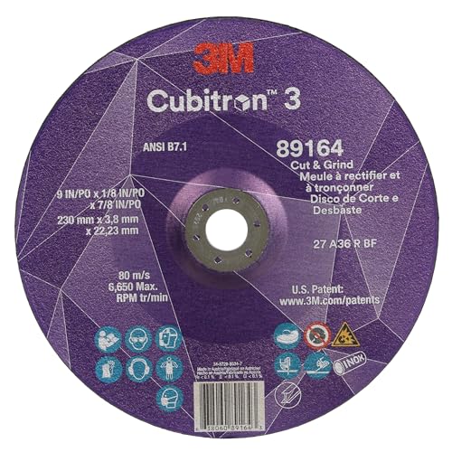 Image of 3M Cubitron 3 Cut and Grind Wheel, 89164, 36+, T27, 9 in x 1 /8 in x 7 /8 in, Pack of 10, ANSI, Longer Life, Faster Cut, Back-Gouging, Fillet Weld Removal, Cutting, Grinding