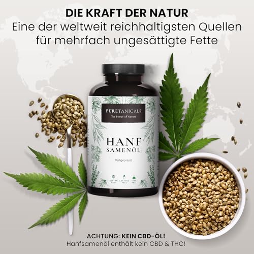 Hanfsamenöl Hanföl Kaltgepresst - 180 hochdosierte Kapseln - 1000mg Hanf Öl Omega 3-6-9 | 100% Natürlich & Stark, Hemp Seed Oil, in der EU hergestellt & laborgeprüft