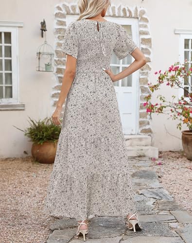 Image of Kranda Women 2025 Summer Fall Crewneck Short Sleeve Smocked Floral Maxi Dress