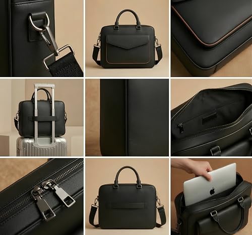 Image of Vegan Leather Laptop Messenger Bag for Men & Women | 15.6 Inch Office Shoulder Bag with Padded Laptop Compartment Multi-Pocket Work Satchel Adjustable Strap Business Bag | Alls