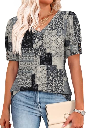 Image of OFEEFAN Womens Tops Short Sleeve Shirts Buttons V Neck Spring Fashion Summer Outfits Plus Size Blouses Dressy Casual