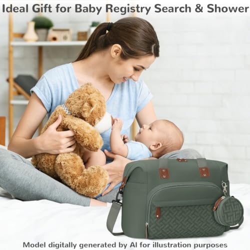 Image of Tenot Diaper Bag Tote with Pacifier Case, Baby Bag for Women with Shoulder Straps, Travel Diaper Tote for for Mom and Dad Medium Size, Green