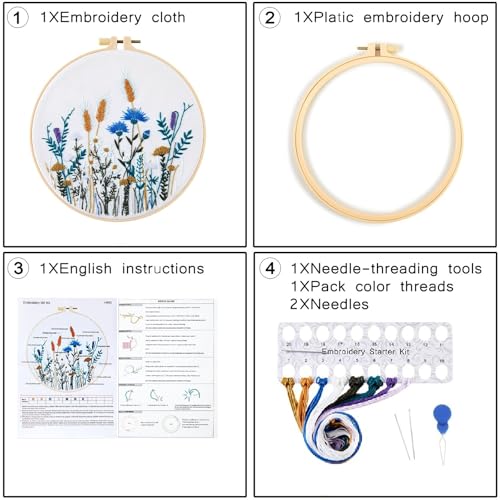 Image of Crafmanoe Flower Embroidery Kits for Beginners Adults, Hand DIY Embroidery Starter Kits, Floral Stamped Cross Stitch Kits for Beginners Adults Craft Kits for Women, Embroidery Hoops, Fabric and Thread