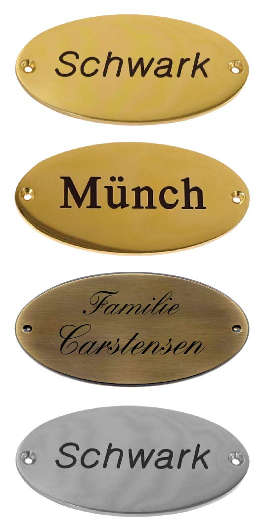 Namensschild-Türschild-Schild-105 x 55 x 3 mm-Massiv Messing-In 5 Farben lieferbar-mit Gravur -Made in Germany (31 -Mess. verchromt mit 2 Zeilen Gravur)
