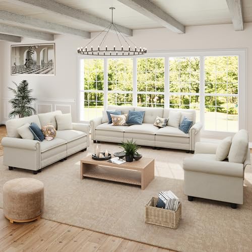 Image of SUNSHINE VALLEY Modular Sectional Sofa Set Living Room 3-Piece Deep Seats | Mid-Century Modern 6-Seater Cloud Couch Set, Beige, Rolled Arms & Nailhead Trim, Wider & Deeper Seats, Linen Furniture Set