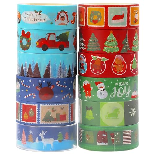 12 Rolls Christmas Washi Tape Set Xmas Cartoon Embellishment Masking Tapes Self-Adhesive Colorful Decorative Paper Tape for Arts DIY Crafts Journals Planners Scrapbook Wrapping (Multicolor)