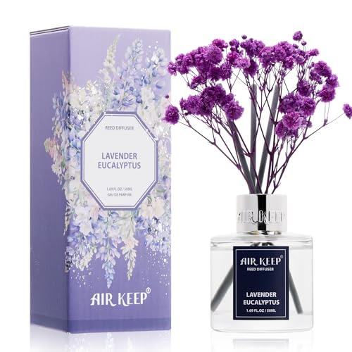 Image of Airkeep Reed Diffuser Set,1.69 fl oz (50 ml) - Lavender Eucalyptus Oil Diffusers with 8 Reed Sticks,Home Fragrance Reed Diffuser for Bathroom Shelf Decor