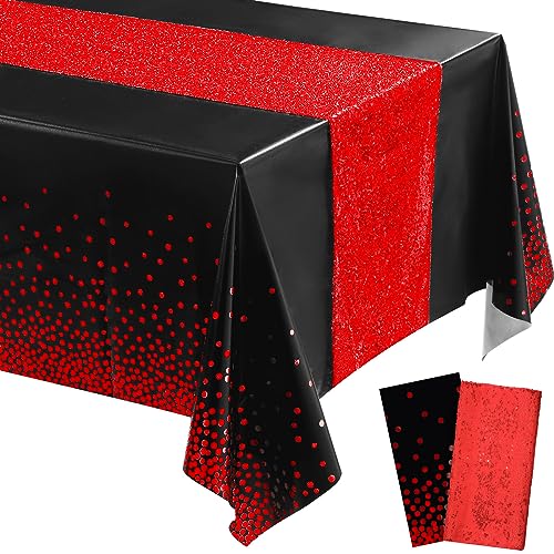 Image of Irenare 2 Pcs Black and Red Tablecloth and Sequin Table Runner Set Polka Dots Confetti Table Cover Dining Plastic Tablecloths Glitter Decorations for Birthday Wedding Anniversary Party Supplies