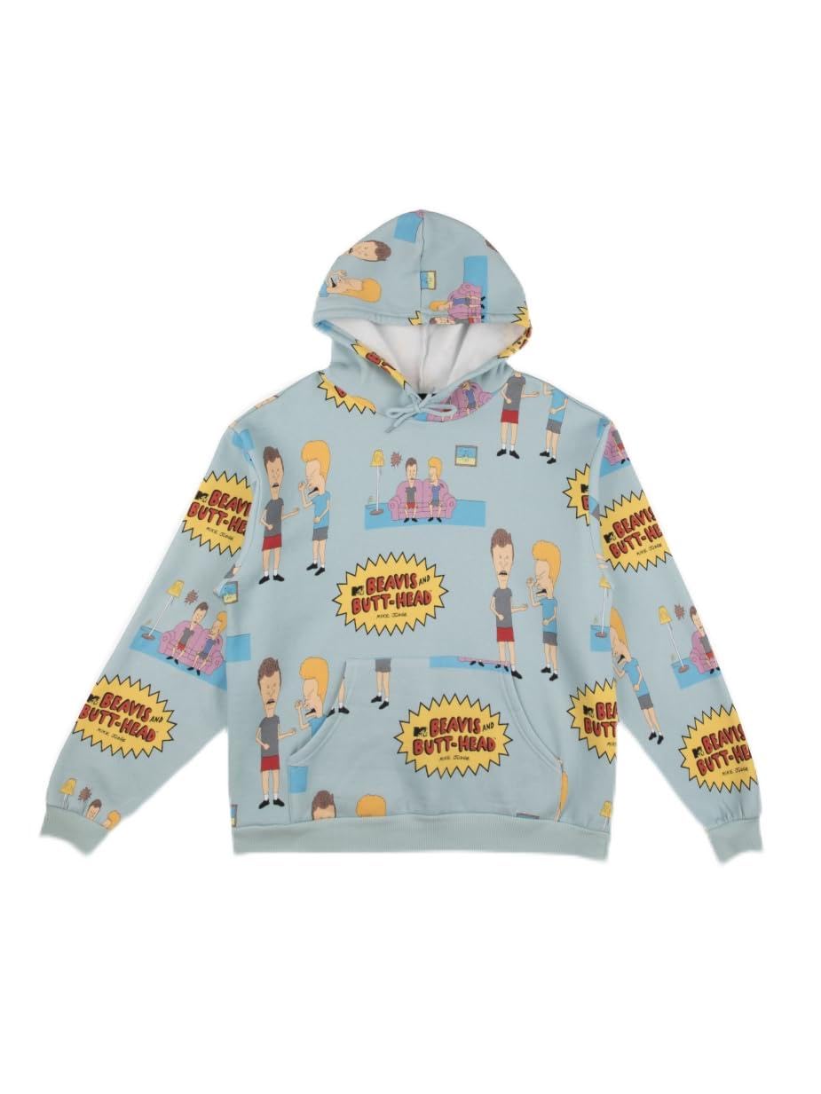 Beavis & Butt-Head Repeat Characters & Logo Long Sleeve Blue Hooded Sweatshirt