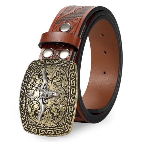 Western Belt for Men Engraved Belt Men Women Cowboy Embossed Leather Belt