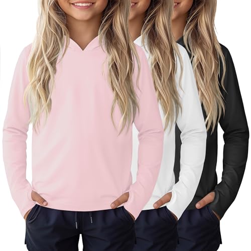 Image of 3 Pack Girls Sun Protection Swim Shirts UPF 50+ Long Sleeve Rash Guard Lightweight Quick Dry Hoodies with Thumbhole