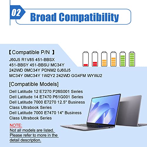 Dentsing J60J5 Laptop Battery Replace For Dell Latitude E7270 P26S001 E7470 P61G001 Series Notebook 01W2Y2 1W2Y2 Mc34Y 242Wd Pdnm2 R1V85 Gg4Fm 0Gg4Fm Wywj2 R97Yt Njj2H 451-Bbsx 451-Bbsy 451-Bbsu 55Wh #TOP2