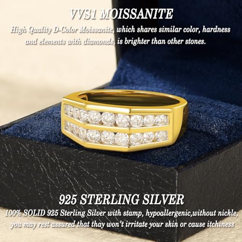 D Color VVS1 Mens Moissanite Wedding Band 925 Sterling Silver Yellow Gold Engagement Rings for Men Groom Eternity Pave Round Size 8-134