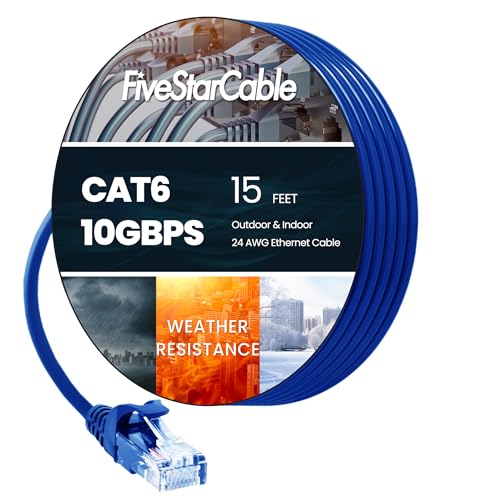FiveStarCable 15FT Cat6 Ethernet Cable, High-Speed Patch Cable, Flat LAN Cable with RJ45 Connectors, 10Gigabit Internet Network Cord for Router, Modem, Gaming, PC, Xbox, PS5, Computer, Blue